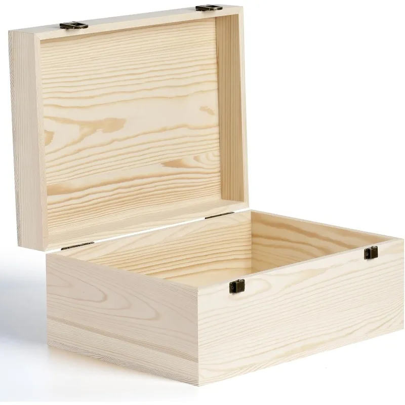 Large Wooden Box 14'' x 10.4'' x 6.5'' Unfinished Wood Box with Hinged Lid Wooden Boxes for Crafts,Storage,Large Keepsake Box