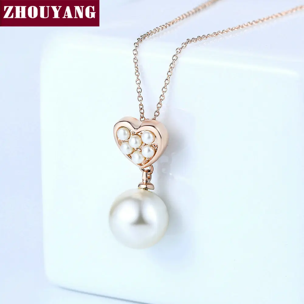 ZHOUYANG Pendant Necklace For Women Love Heart Imitation Pearl Rose Gold Color Wedding Party OL Gift Fashion Jewelry N145