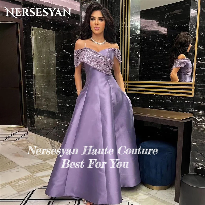 Nersesyan Purple Glitter Sequins Formal Evening Dresses Off The Shoulder Satin Sexy Prom Gowns A Line Long Vestidos De Fiesta