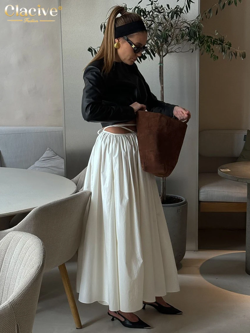 Clacive Casual Loose White Cotton Women's Skirt 2025 Fashion Mid Waist Ankle Length Skirts Elegant Pleated Skirt Female Cltohing