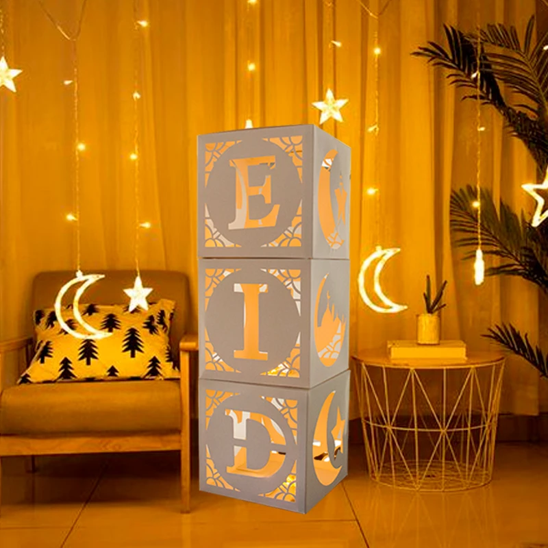 

Eid Mubarak Letter Paper Box Hollow Balloons Box Ramadan Kareem Decoration For Home Eid al-Adha Festival Muslim Islamic Supplies