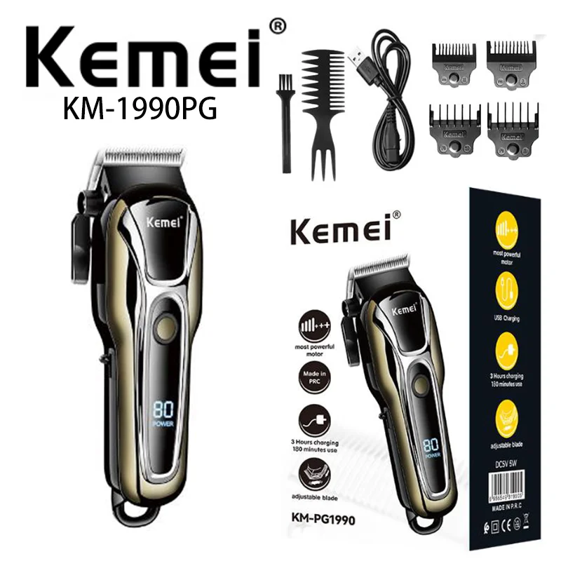 Kemei KM-1990PG Usb Charging Lcd Liquid Crystal Digital Display High Power Professional Hair Salon Electric Hair Clipper