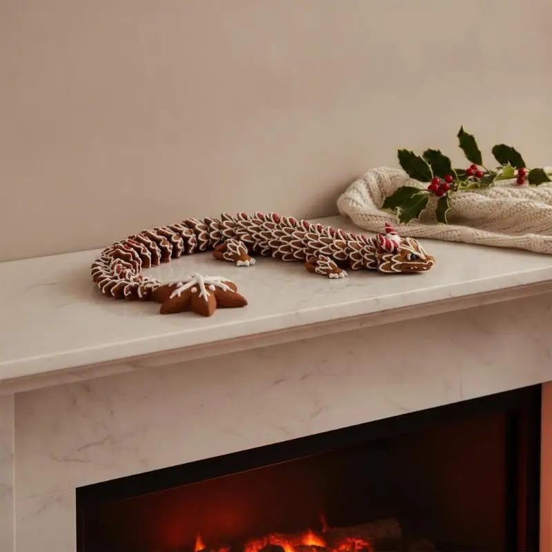 (N) 3D Printed Multi-Joint Moveable Gingerbread Dragon Ornament Imitation Cookie Material Stress Relief Holiday Christmas Gift
