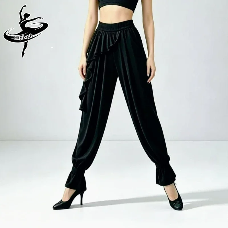 Profession Women Latin Dance Pants Hight Waist Ruffle Ladies Cha Cha Tango Practice Trousers Samba Performance Ballroom Costume
