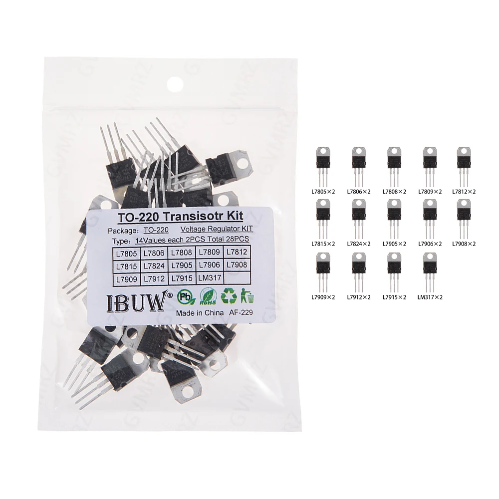 28-teiliges TO-220 Transistor-Kit mit 14 Werten (L7805/L7812/LM317 usw.) Spannungsregler für industrielle Stromversorgung, DIY-Projekt, L7805