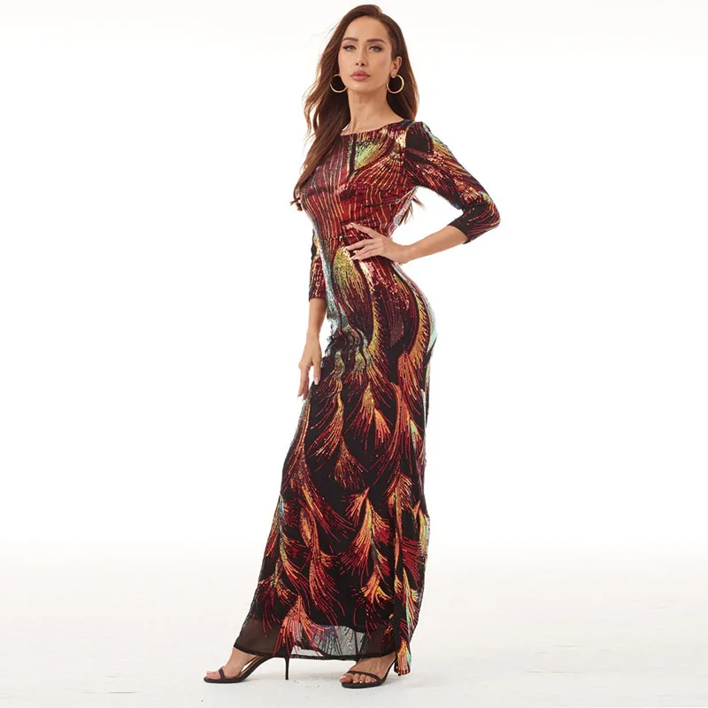 Elegante prachtige pailletten volwassen vrouwen sexy nauwsluitende vissenstaart lange jurk o hals lange mouwen avondfeest fancy kostuum