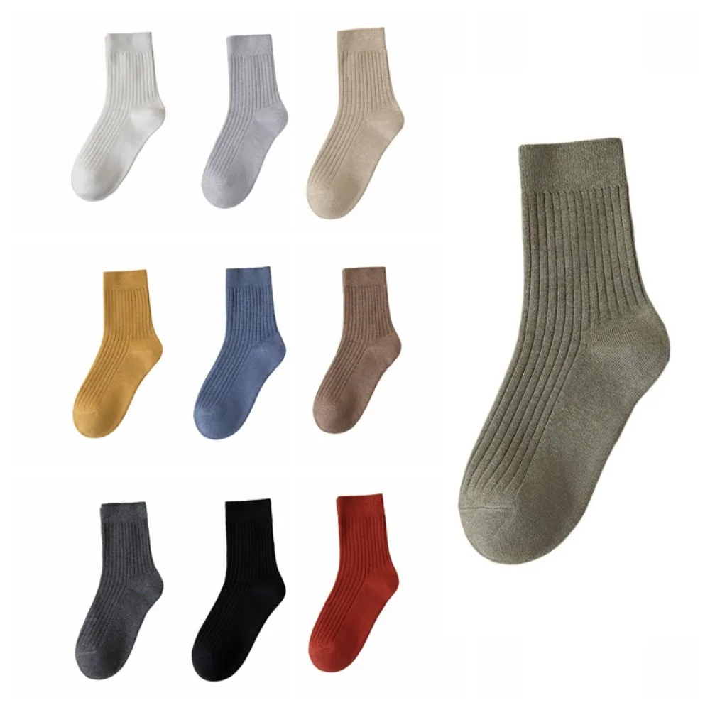 

10Pairs Elastic Solid Color Women Mid-calf Socks Stripe Simple Business Socks Men Breathable Soft Autumn Tube Socks Unisex