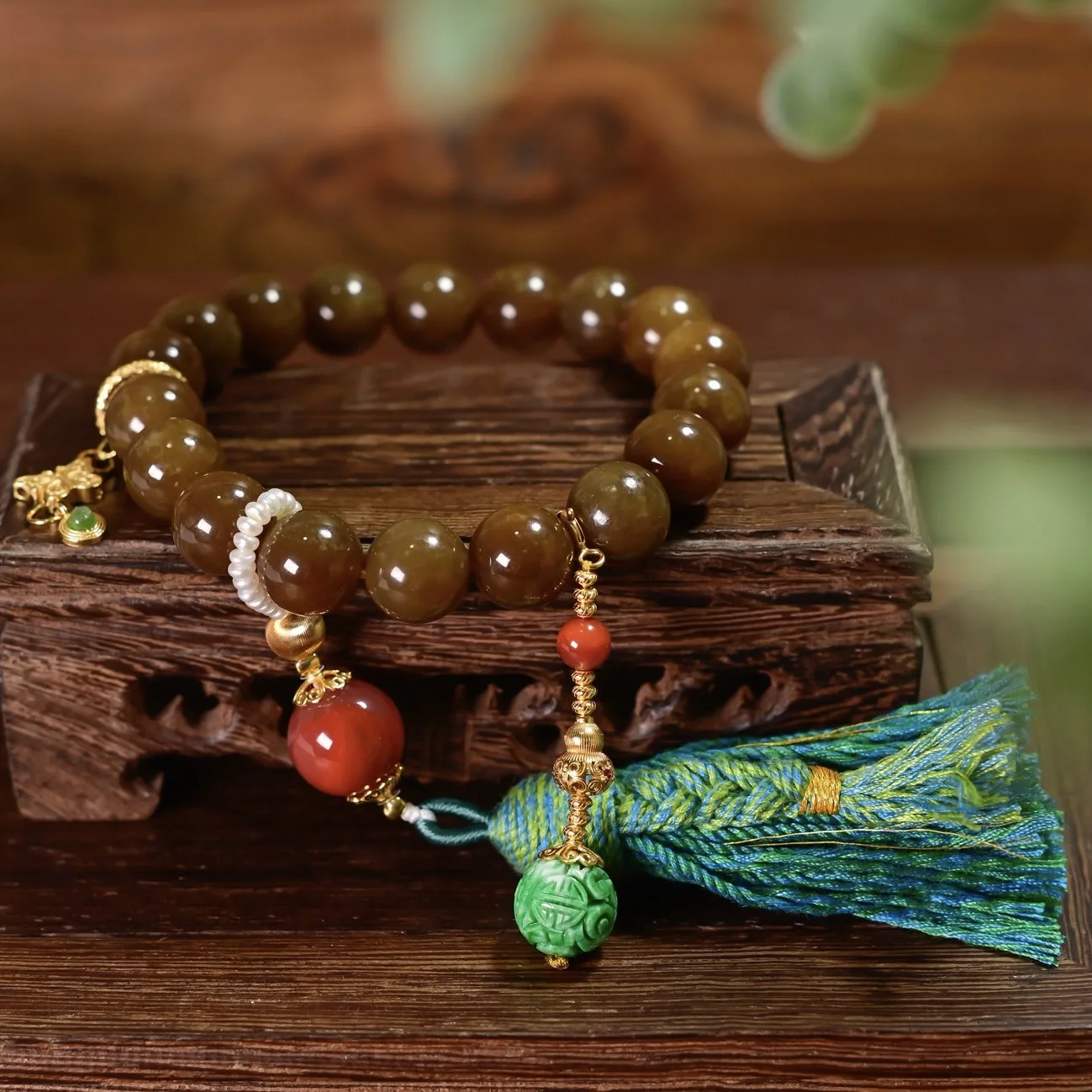 Chinese Style Sugar‑Color Hetian Jade 18‑Bead Bracelet,Carved Spicy Green Jade,South Red Agate Tassel,S925 Silver Vintage Gift