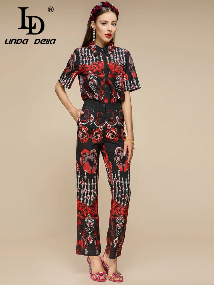 LD LINDA DELLA Summer Runway Fashion Black Pants Set Women Short sleeve Printed Tops and High waist pants 2 Pieces Set