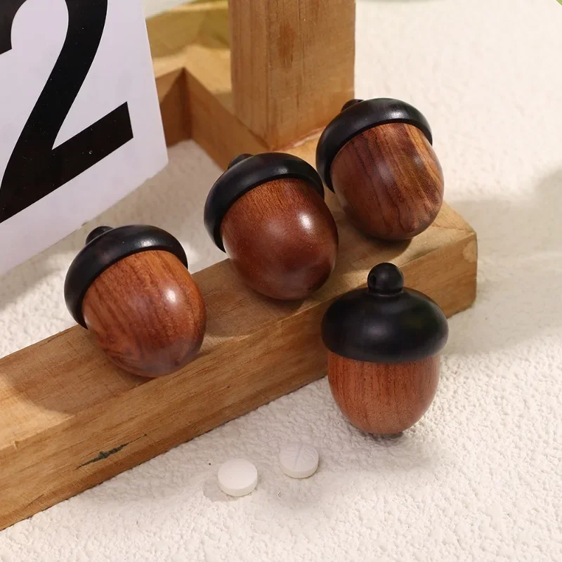 6/1pcs Mini Solid Wood Medicine Pill Box Portable Tablets Storage Sealed Box Sandalwood Storage Container DIY Acorn Ornament