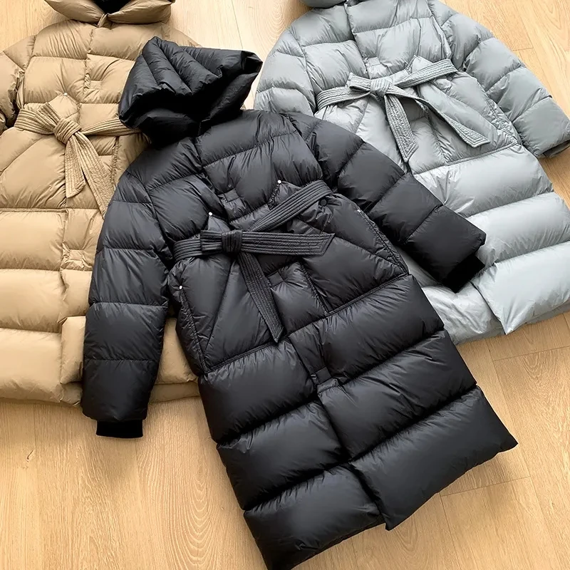 Doudoune longue à capuche pour femme, Parka chaude épaissie, Veste matelassurera moelleuse à lacets, Haut de gamme, Hiver, Mode féminine, 90%