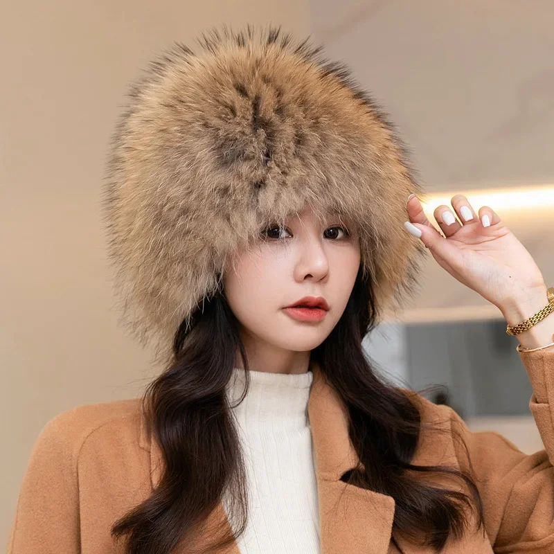 

Fox Hair Hat Women's Winter Leisure Warm Ear Protection Raccoon Hair Wind and Snow Hat Real Hair