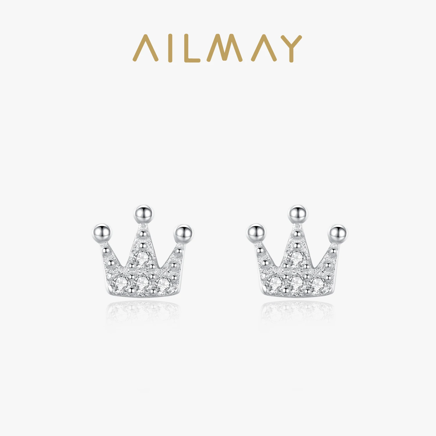 Ailmay 100% 925 Sterling Silver Simple Crown Earrings for Women Fashion Sterling Silver Tiny Ear Pin Korea Style Fine Jewelry