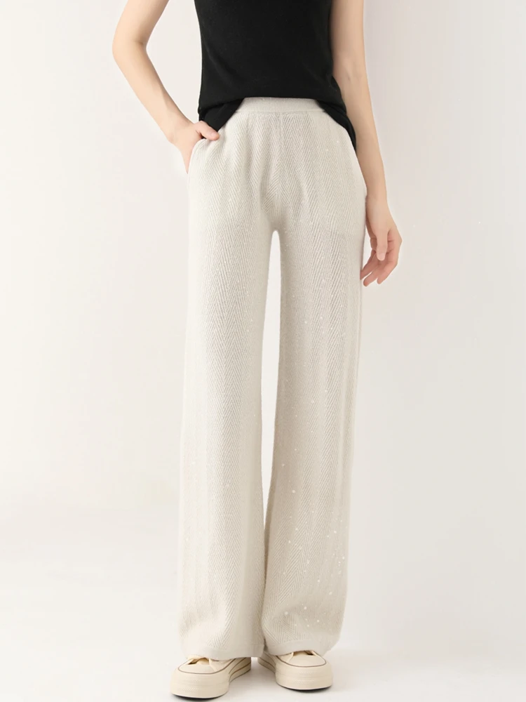 Новая мода, женский свитер из 100% мериносовой шерсти, элегантный женский осенне-зимний трикотаж, женские широкие брюки полной длины, однотонный низ