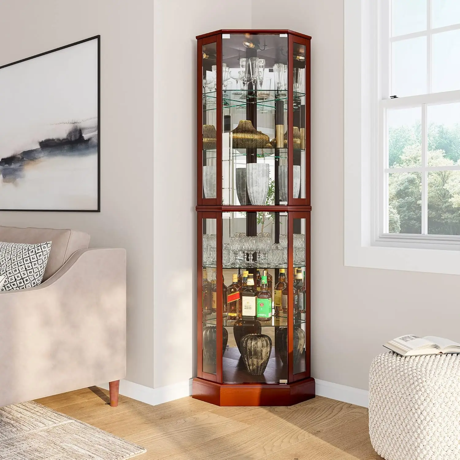 Lighted Corner Display Curio Cabinet Wooden Curved Shelving Unit with Tempered Glass Door, Bar and Liquor Storage Area