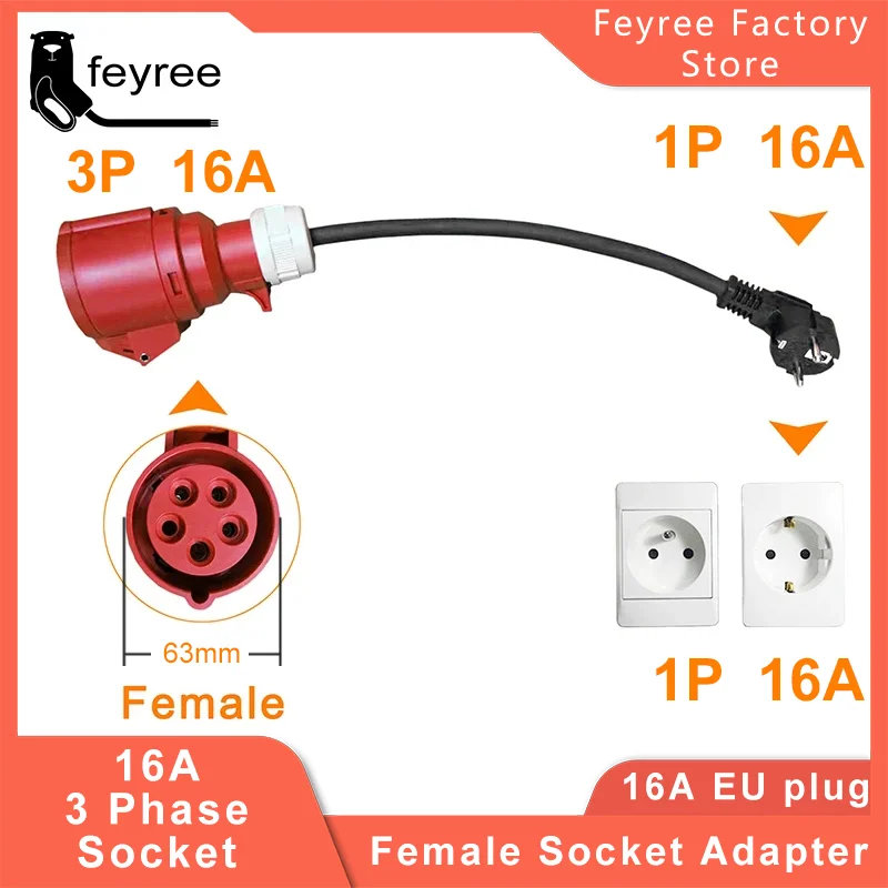 

Feyree Зарядное устройство для электромобилей Schuko Plug to CEE Красная розетка 5-контактная розетка Адаптер для подключения с 16-А 3-фазным портативным зарядным устройством мощностью 11 кВт
