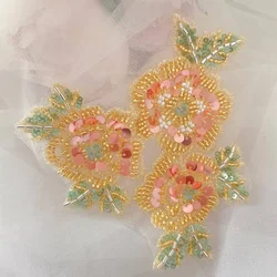 Multicolor Golden Bead Rose, Shining Sequins Applique, Embroidery Patches, Sewing Handmade. DIY Jewelry Materials RS24667