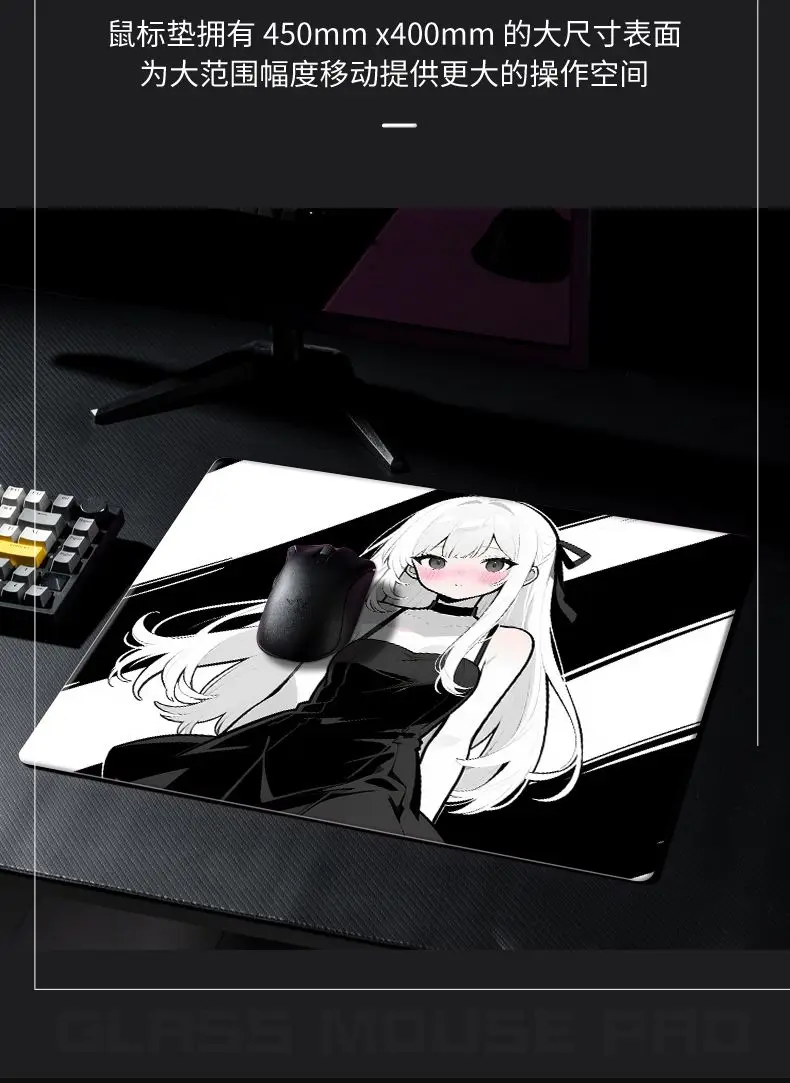 Glass Mouse Pad without Lock Edges Black and White Anime Girl Mouse Pad Student Desk Mat Computer Mouse Mat Laptop Deskmat HD