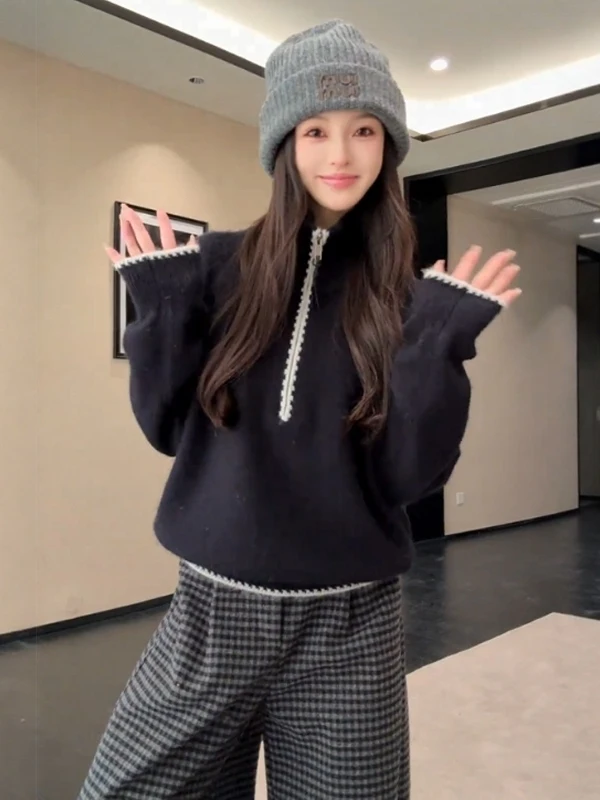 

Ele Bla f-Zip Stand Collar Knitwear Women's Autumn Winter Loose Slimming Top Comfortable Korean Sle Long Sve