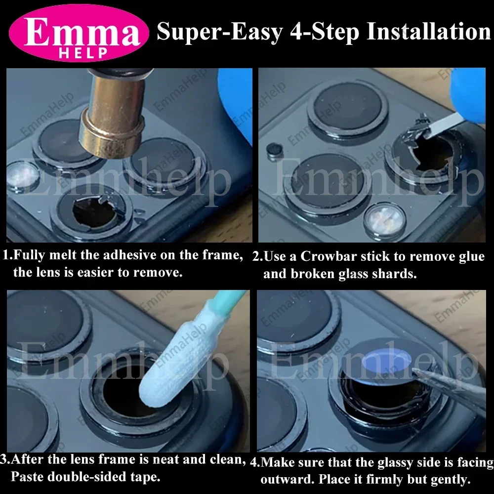 Emmachelp-cristal de cámara trasera para iPhone, cubierta de lente de cámara trasera 3M, adhesivo, piezas de soporte, 11, 12, 13, 14 Pro Max,