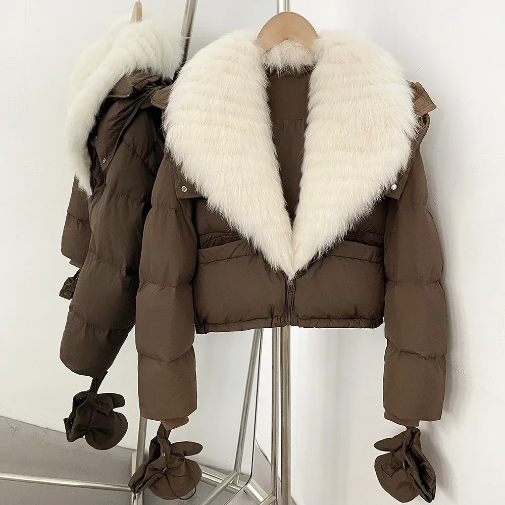 OFTBUY Neue Winter-Kapuzenjacke, kurze Daunenjacke mit echtem Fuchsfell, Damen-Daunenjacke mit abnehmbaren Handschuhen – Detail 15