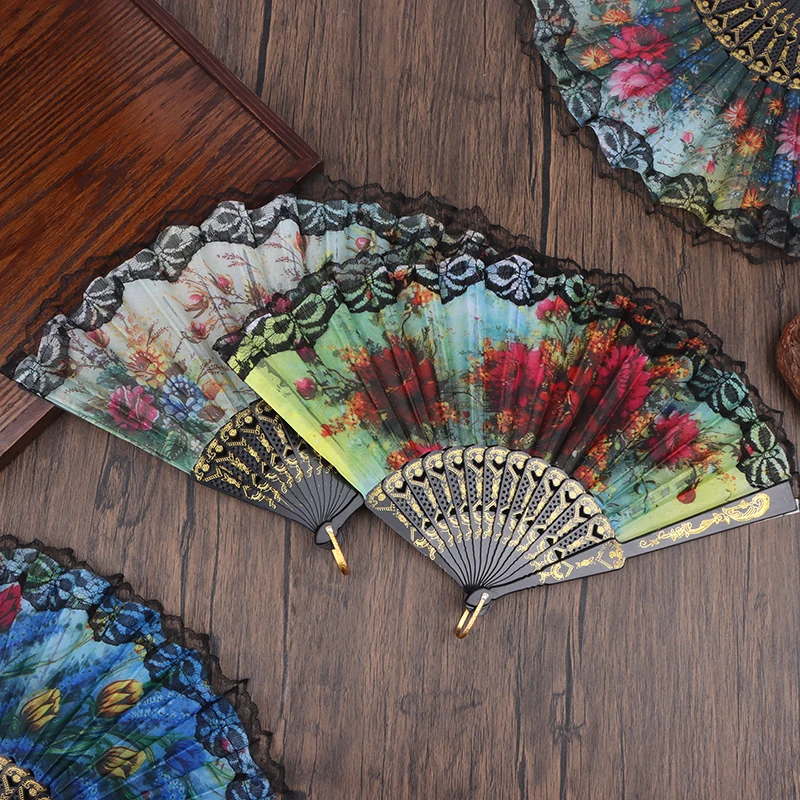 1Pc Lace Folding Fan Black Wooden Shank Classical Dance Folding Fan High Quality Elegent Ladies Fan Home Decor