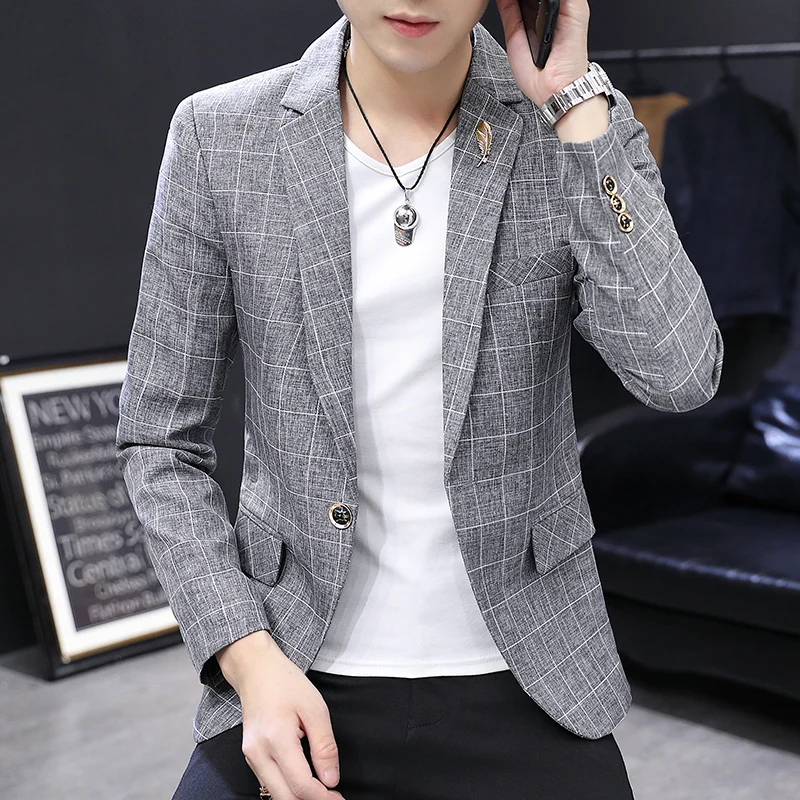 

Men's Plaid Suit Slim Fit Youthful Versatile Korean Sle Spring New Faion Urban M Outerwear Long Sve Single-Breasted