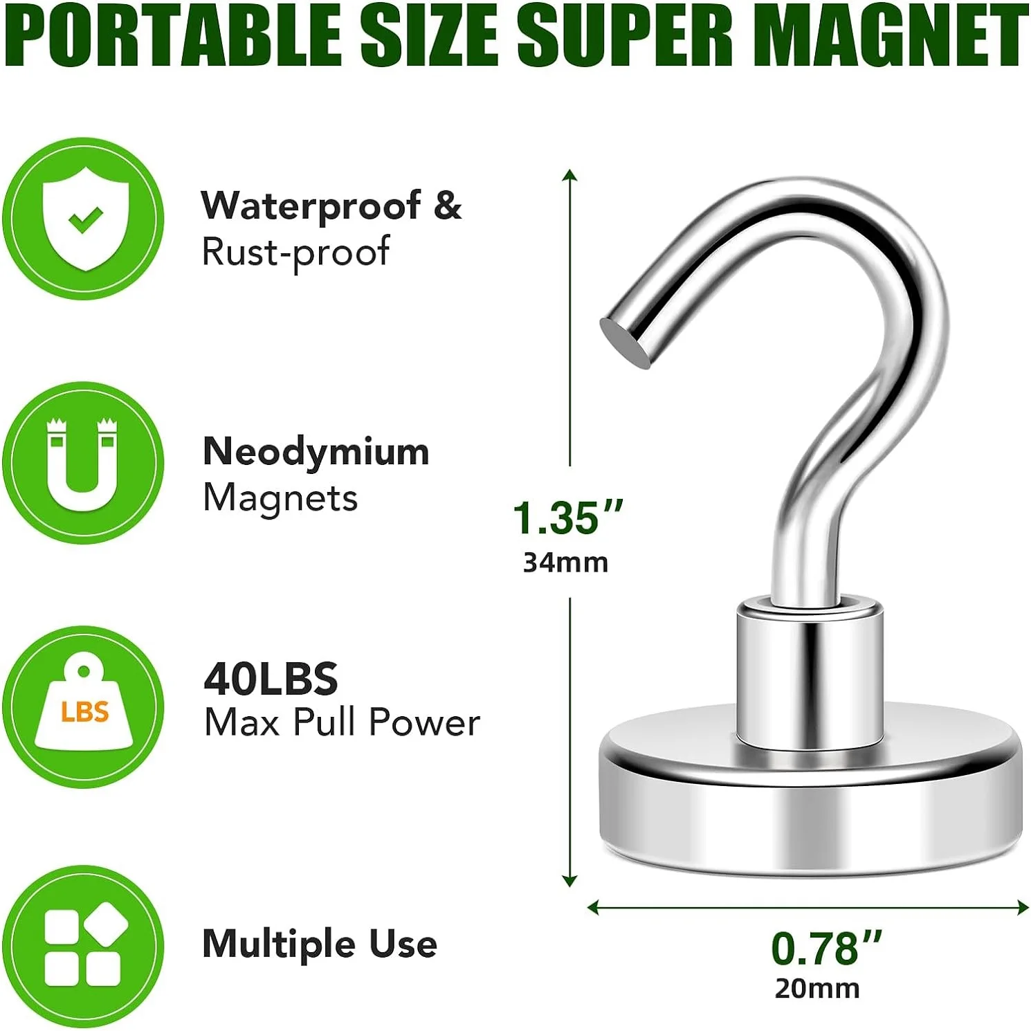 12pcs Pack Magnetic Hook Heavy Duty, 40 lbs (Approx. 18.1 kg) Magnet with Refrigerator Hook with Rust Resistant Metal Hook