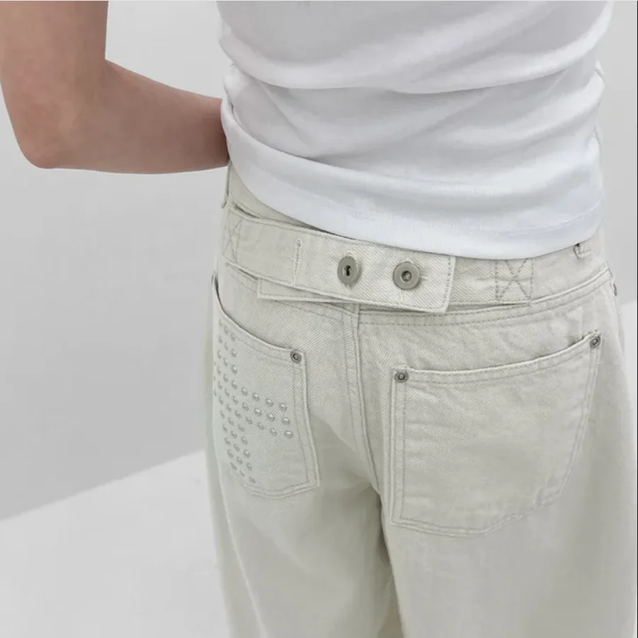 

Dark Style Rivet Cross Loose Knife Casual Pants Straight Leg Jeans Natural Waist Long Pants Cotton 100% Non-Fleece Water Wash