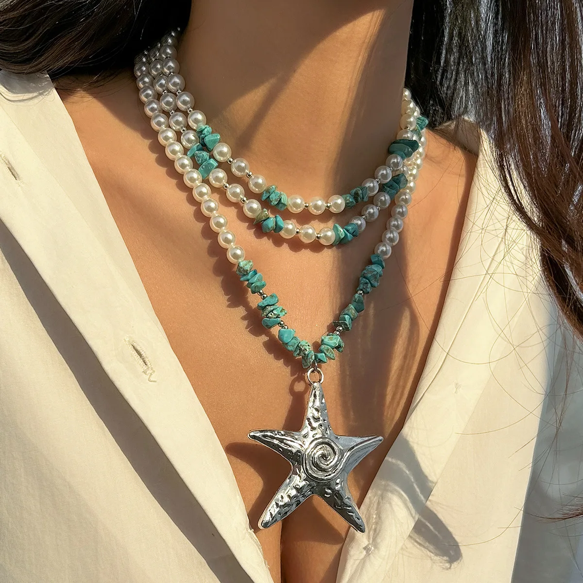 Starfish Layered Necklace Lava Textured Chip Beads Gold Alloy Chunky Lightweight Durable Beach Vacation Jewelry Women