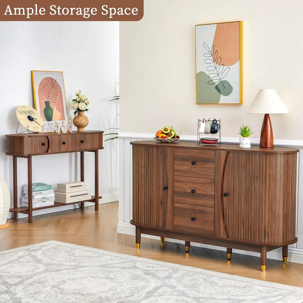 خزانة جانبية منحنية من خشب الجوز مقاس 55 بوصة مع أدراج وخزانة تخزين بباب الدف المنزلق