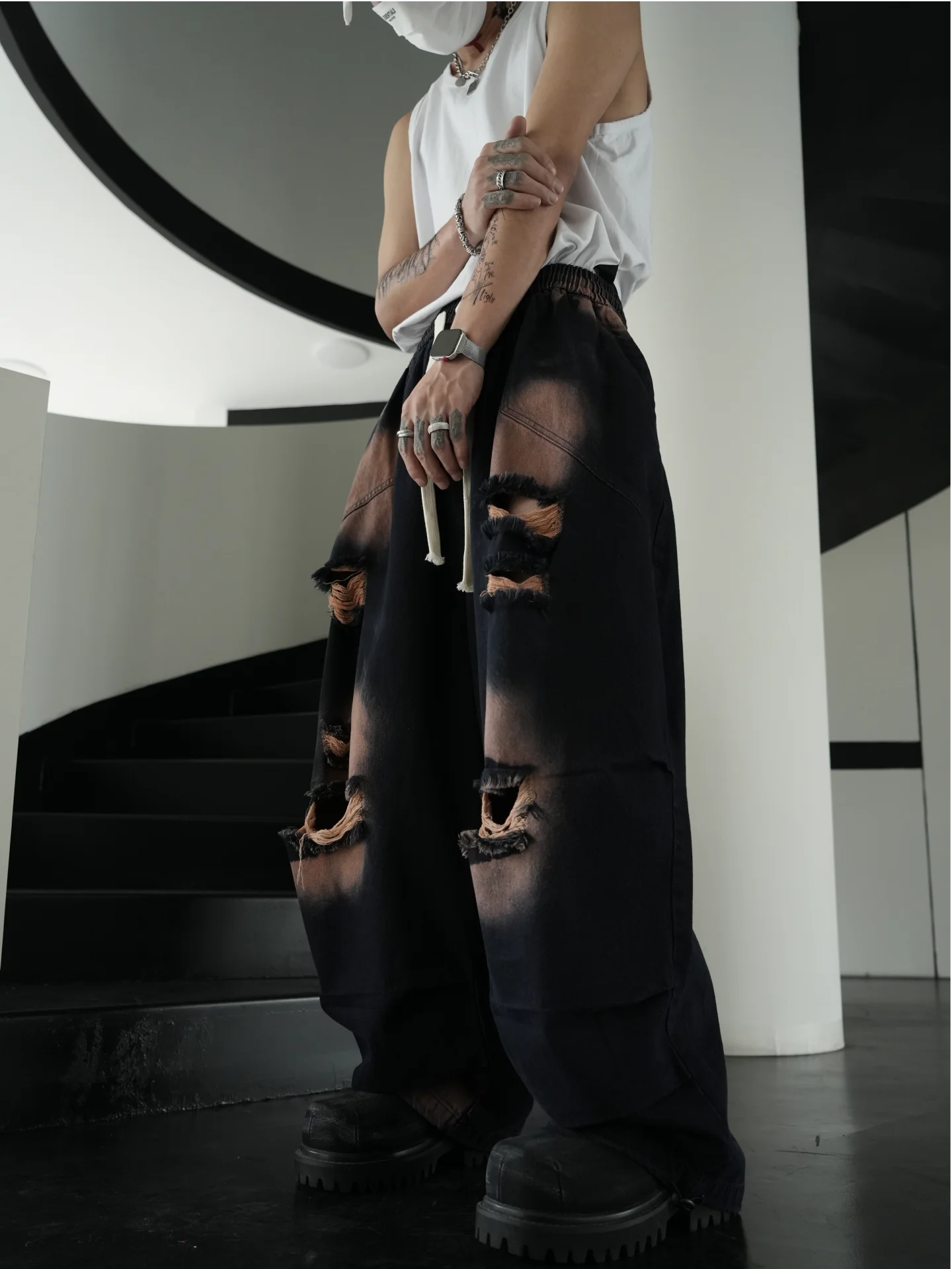 Large Size Low Crotch Contrast Color Waste Soil Make Old Ripped Pants Ruan Handsome Hip Hop Drape Denim Overalls