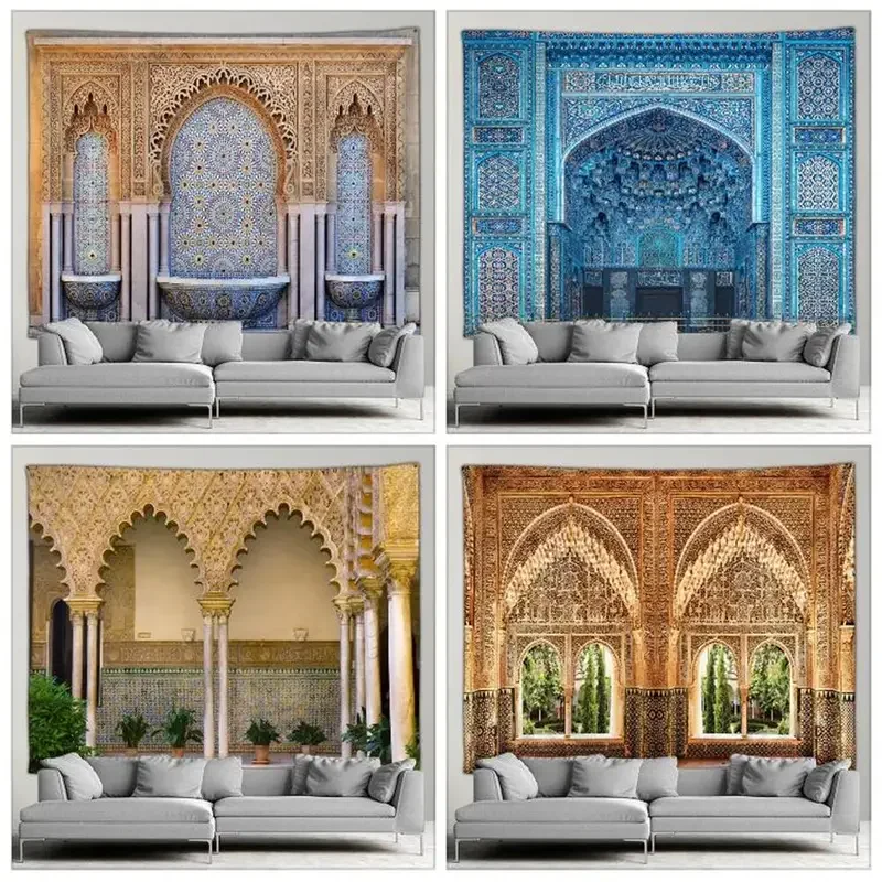 Moroccan Architectural Tapestry Retro Islamic Geometric Pattern Wall Hanging Bohemian Living Room Bedroom Home Wall Decor Mural