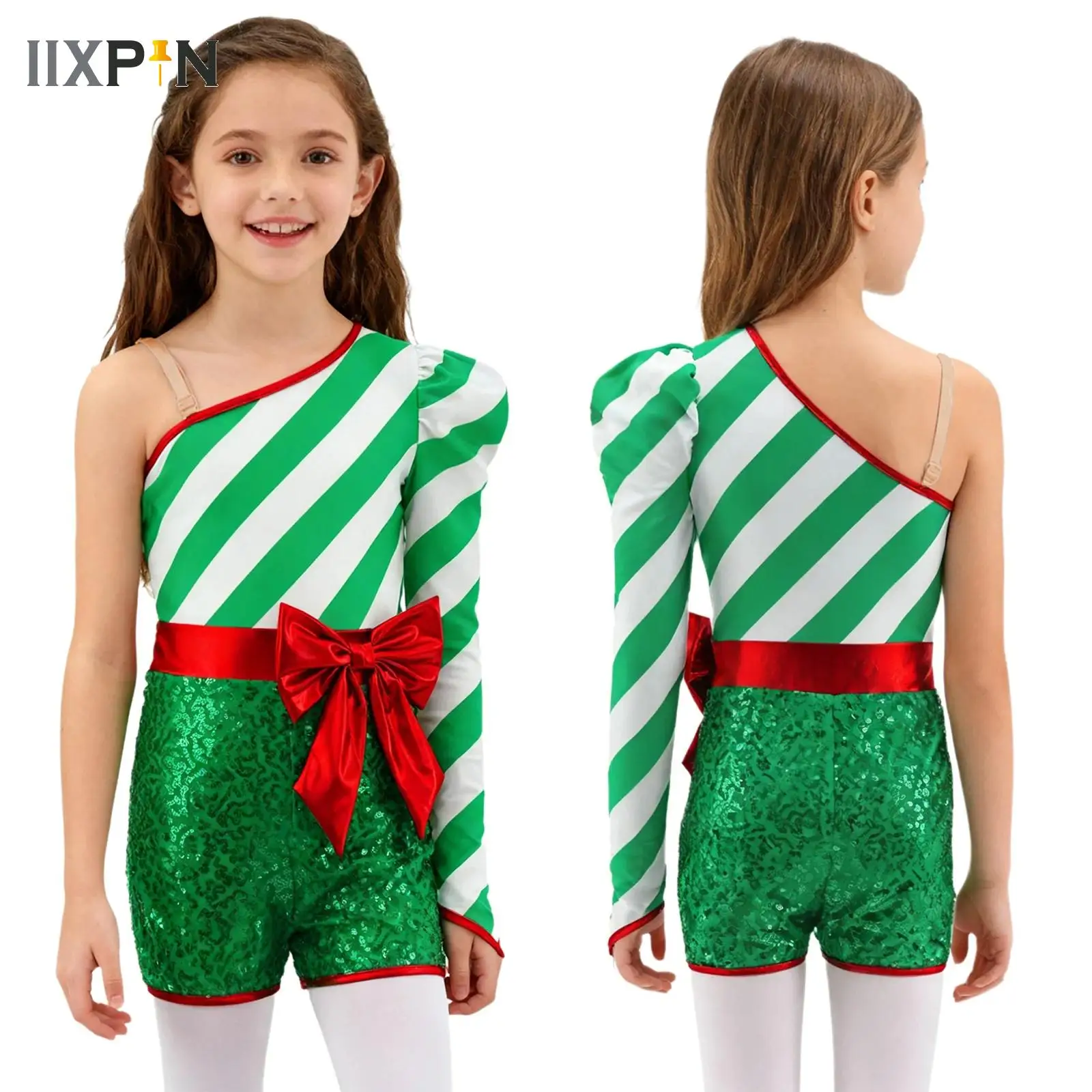 

Big Girls Candy Cane Christmas Ballet Dance Jumpsuit Metallic Bow Gymnastics Leotard Latin Jazz Bodysuit Performance Dancewear