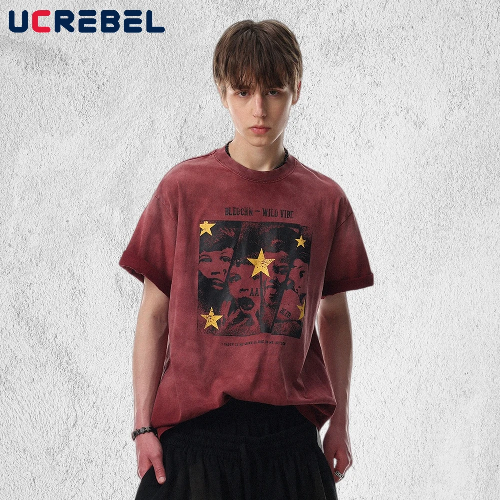 

Retro Portrait Print Short Sleeve T-shirt Mens Washed Distressed Summer High Street Loose Crew Neck Half-Sleeve Cotton Tee Man