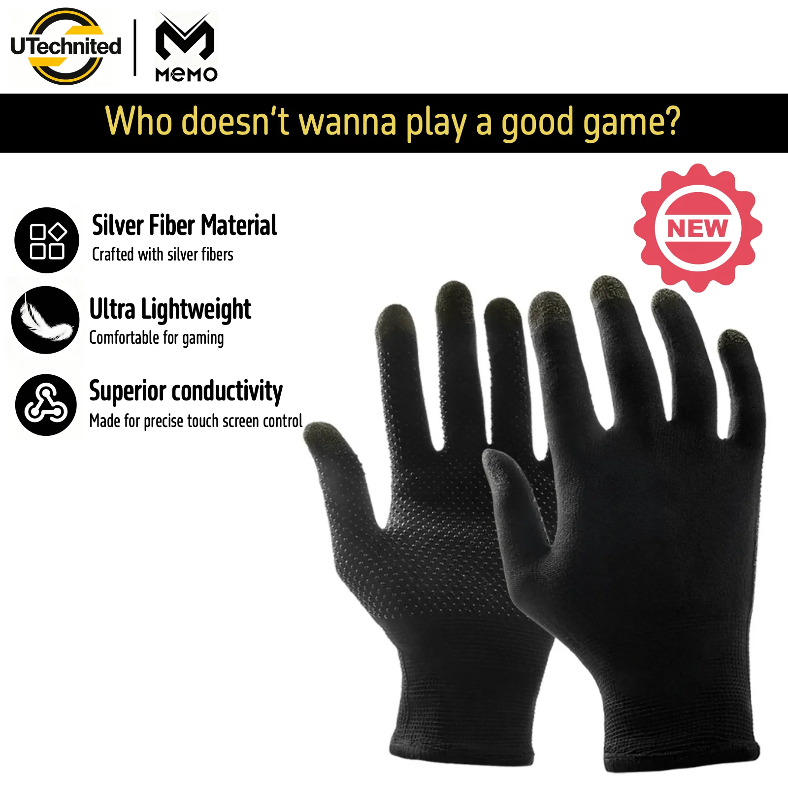 Pair of MEMO Gaming Gloves for Mobile Gaming, Silver Fibers Gloves, Superior Conductivity for Touch Screen, Sweatproof Gloves