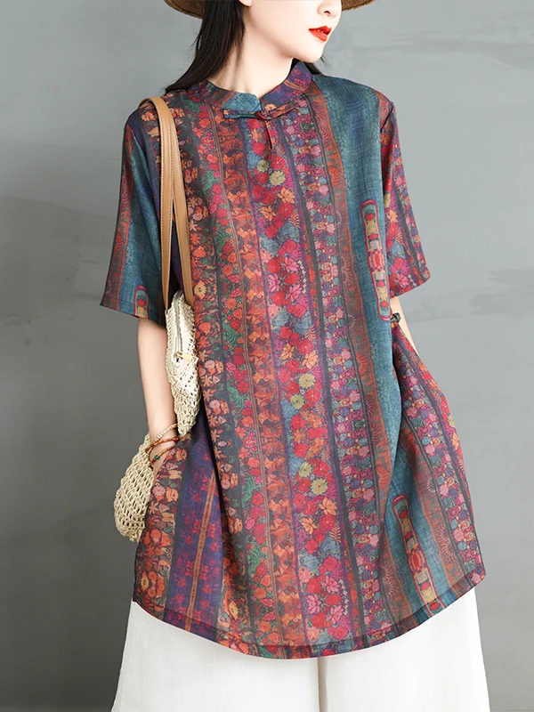Atasan Wanita Model Longgar Bahan Campuran Linen Katun, Panjang Sedang, Motif Bunga Vintage Musim Panas, Kancing Depan, Model Pear aped Body pe