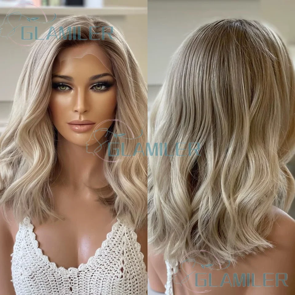 

Short Bob Wavy Human Hair Bob Wigs Glueless Blonde #613 Highlight Balayage Full Lace Wigs With Natural Hairline Lace Front Wigs