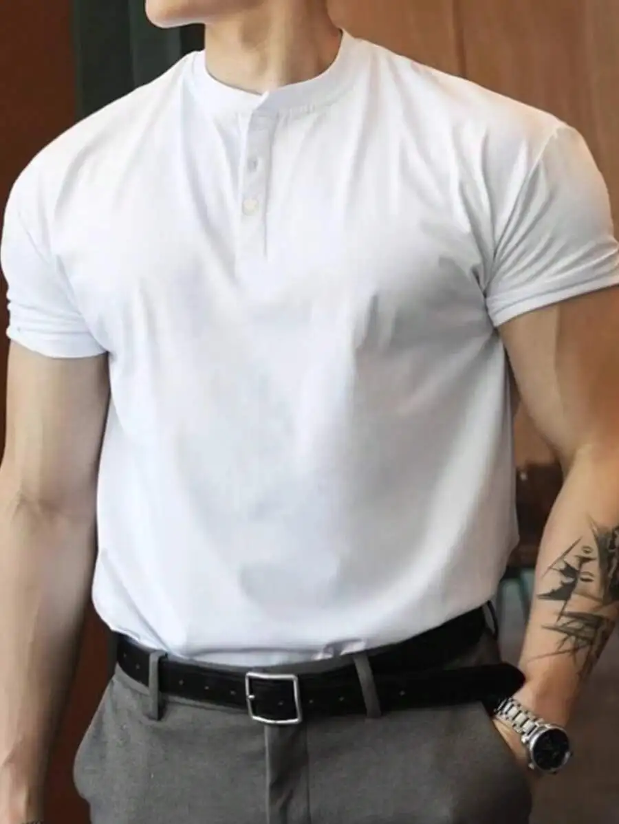 

Mens Casual Solid Color Henley Neck Short Sleeve T-Shirt Summer