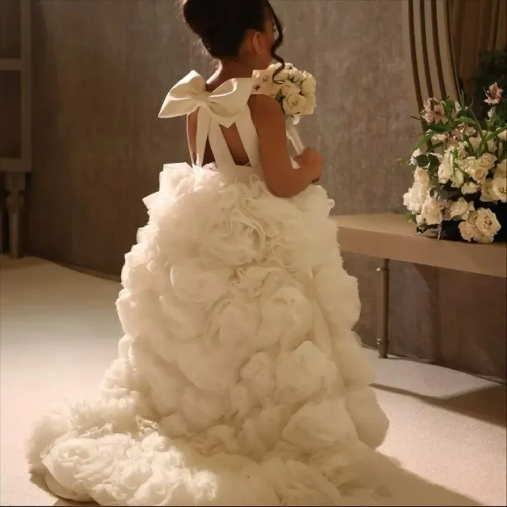 Gaun Gadis Bunga Gading untuk Pernikahan Tanpa Lengan dengan Busur Ruffles Putri Pesta Ulang Tahun Anak-anak Gaun Komuni Pertama Disesuaikan