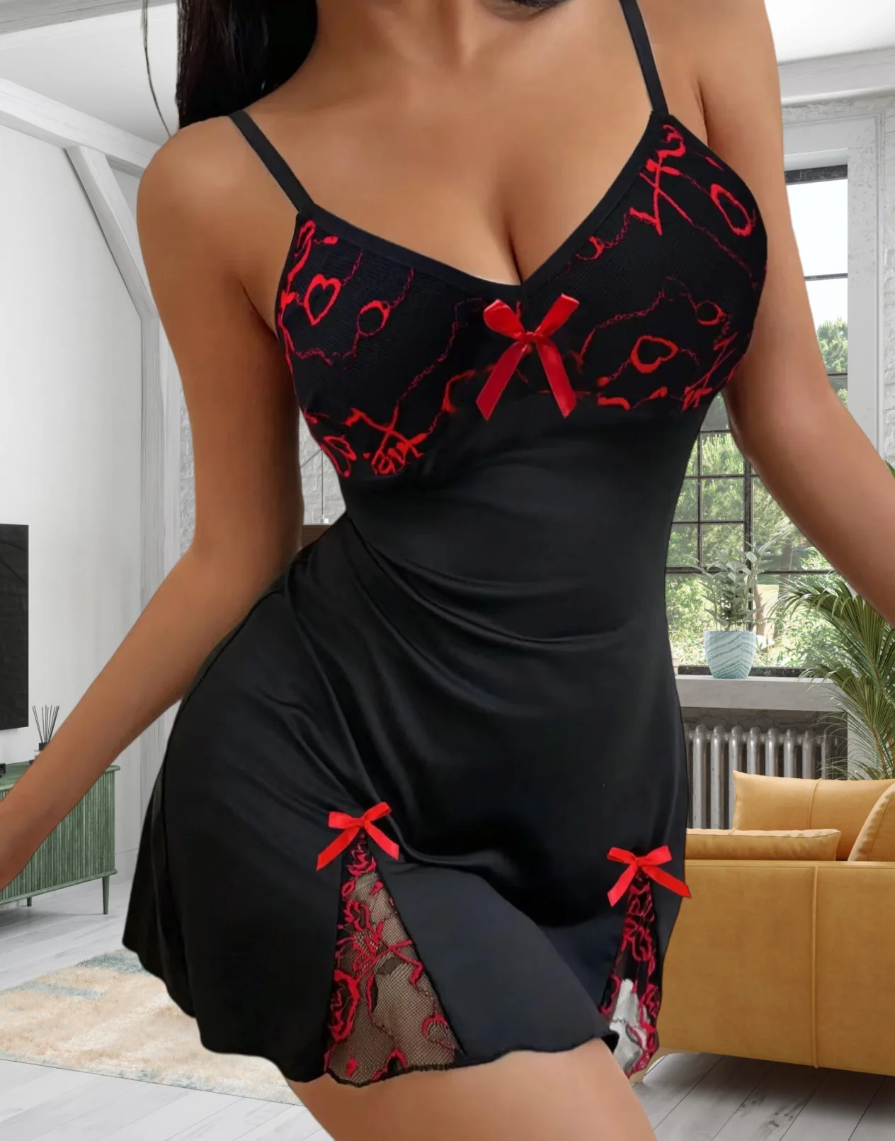 Camisón Sexy de Encaje con Cuello en V para Mujer, Lencería Seductora de Tela Suave Multicolor, Ropa de Dormir Informal para el Hogar