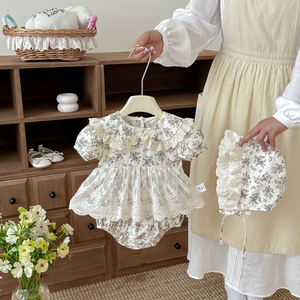 INS Summer Baby Girl Flower Romper 0-2Years Newborn Princess Short Sleeve Peter Pan Collar Lace Dress Bodysuit Hat 2PCS Clothes