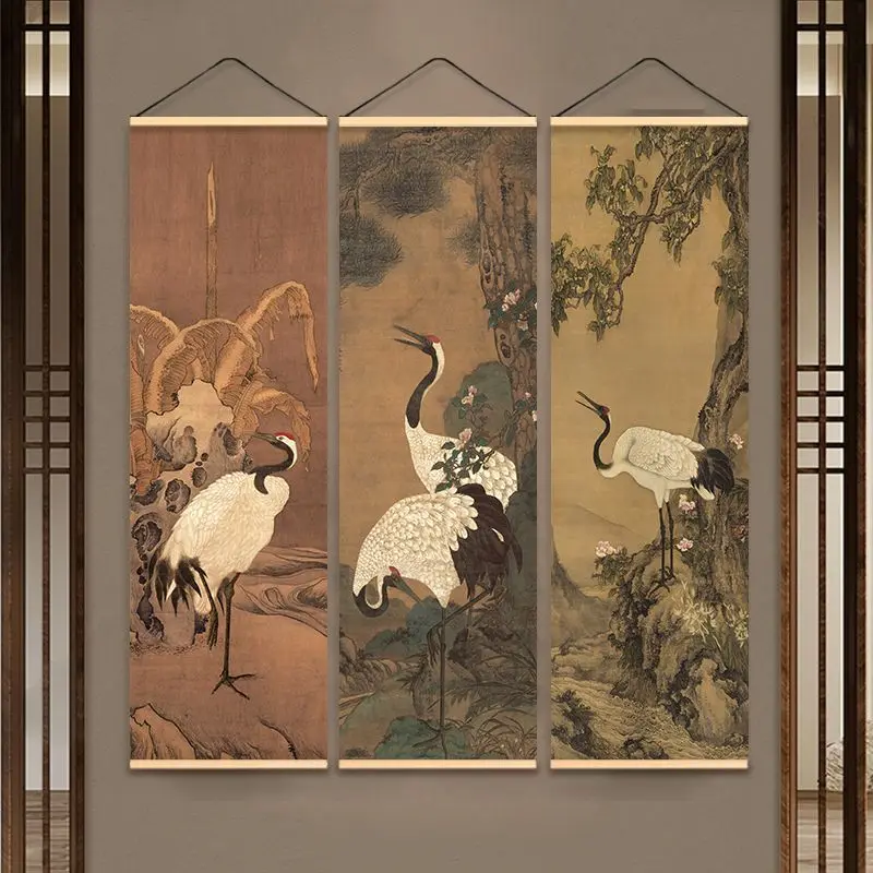 Japanese Zen Crane and Pine Longevity Tapestry Wall Hanging Scroll Canvas Art for Living Room Tea Room Oriental Home Decor