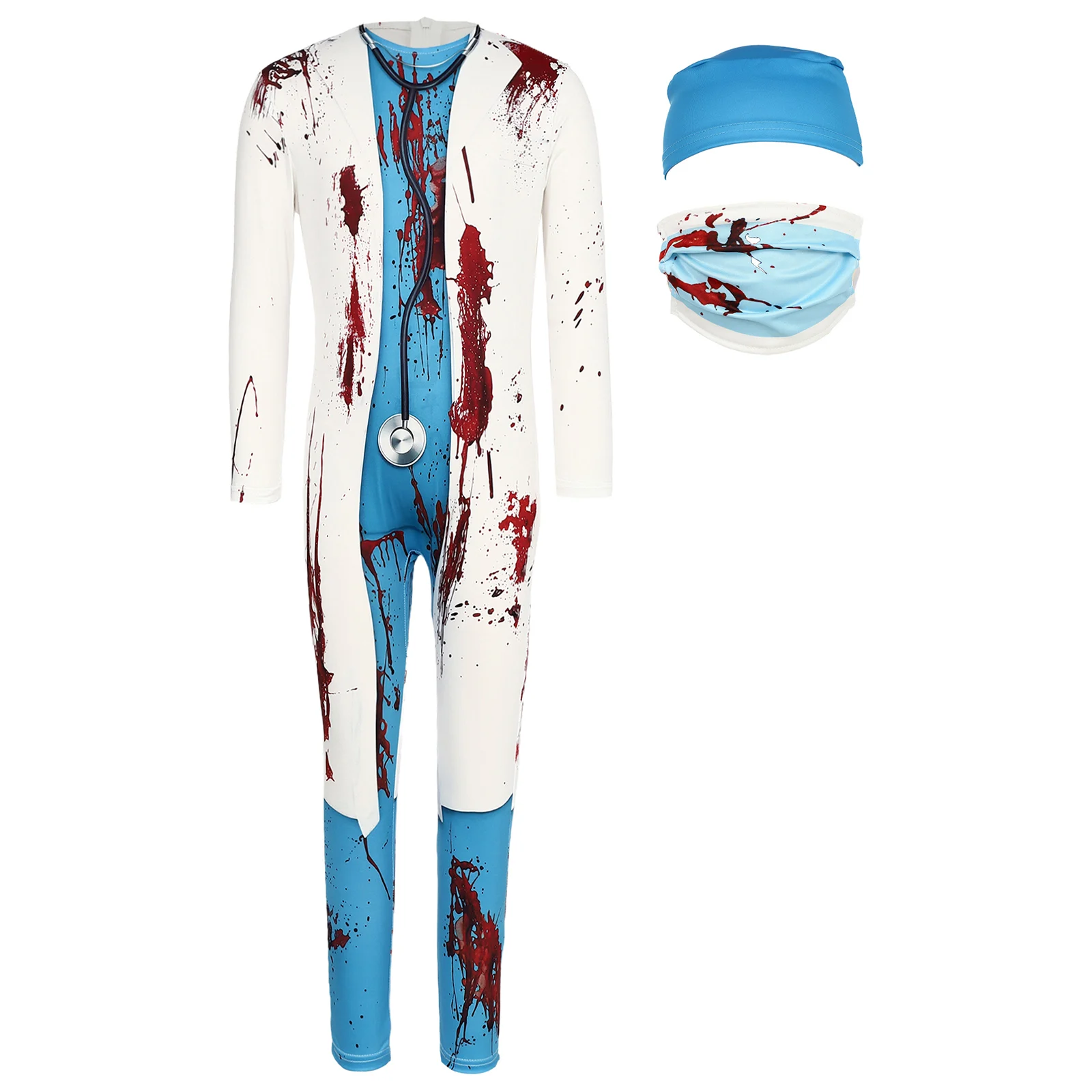 Crianças 3 pçs zumbi cirurgião traje cirurgião sangrento halloween cosplay macacão com máscara combinada e boné cirúrgico carnaval vestir-se