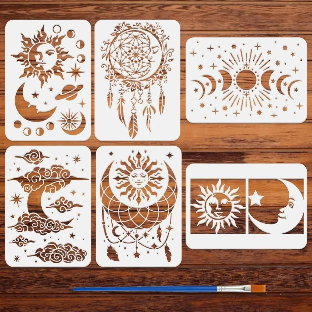 6 PCS Sun Moon Stars Stencils with Brush 8.3x11.7inch Dream Catcher Stencil Clouds Moon Phases Template Fantasy Theme