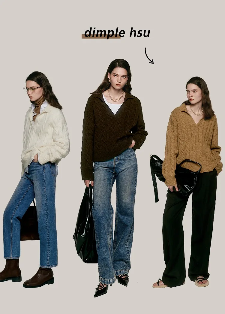 Women's 100% cashmere pullover casual solid color sweater POLO neck Blouse thick warm Jumper fashion big twist loose Tops