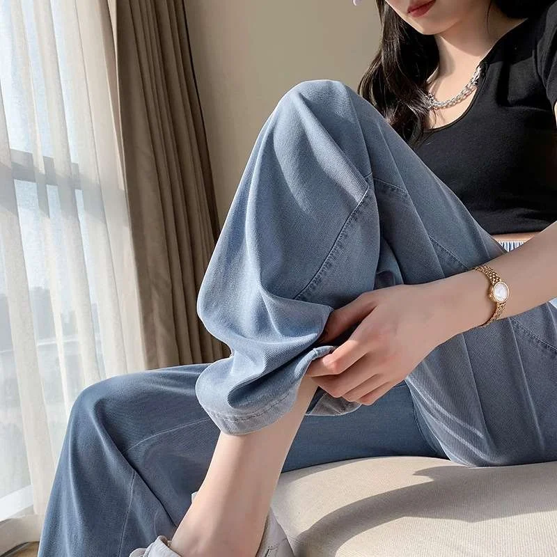 

Повседневные широкие брюки с высокой талией, женские летние свободные брюки Cleanfit, синие джинсы из искусственной ткани средней эластичности больших размеров