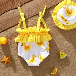 PatPat Childlike Animal Ruffle Swimsuit 2pcs for Baby Girl - Polyester Spandex Suitable for Summer Season Soft and Comfortable