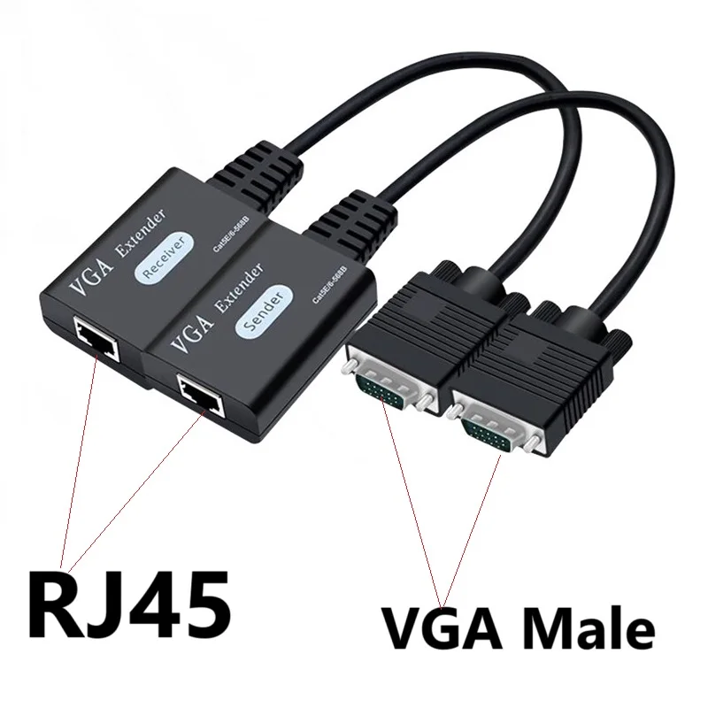 

VGA to RJ45 Extender Network Cable Receiver Sender Adapter Up to 60M Signal Extension CAT6 1080P HD for DVR Monitor Display HDTV