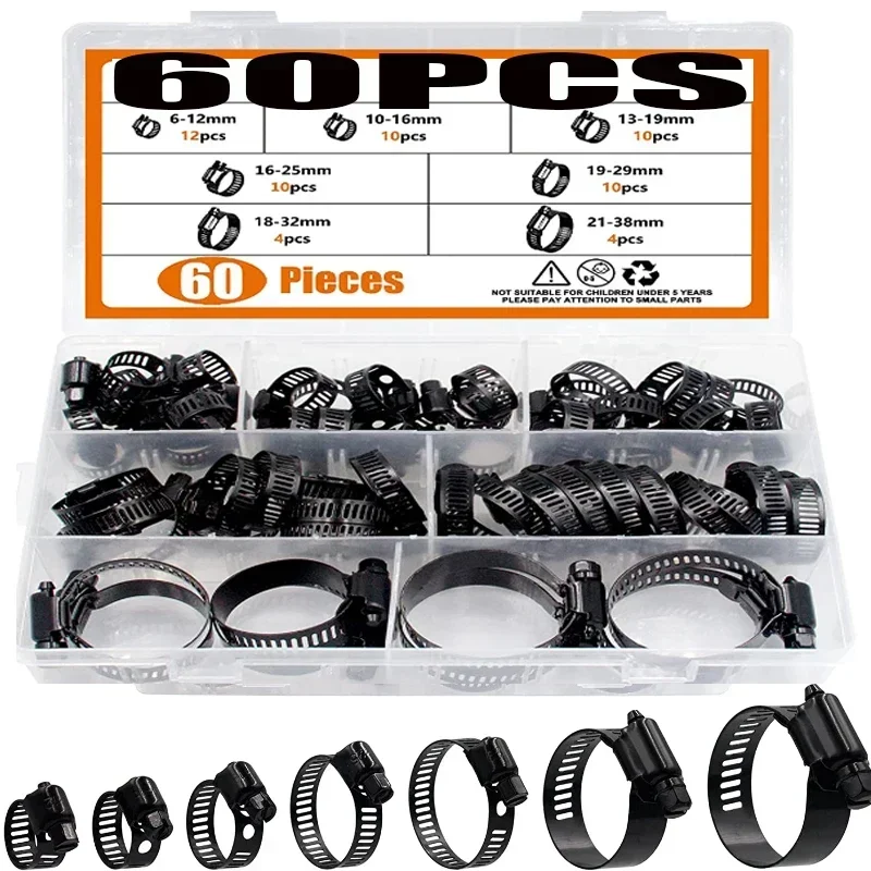 NEUE 60 stücke Schellen Edelstahl Einstellbare 6-38mm Bereich Schneckengetriebe Schwarz Schlauch Klemmen Kit Schellen für Holzbearbeitung frühling Klemme